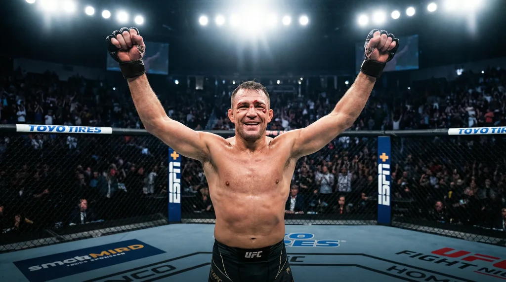 Peleador de MMA celebrando victoria en el octágono con público de fondo