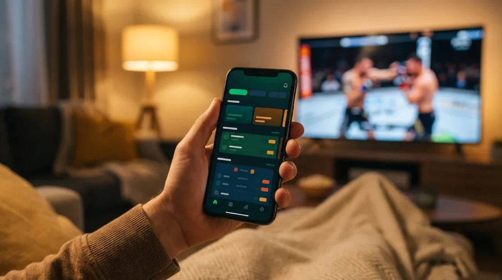 Smartphone mostrando app de apuestas deportivas de MMA en la mano de un usuario