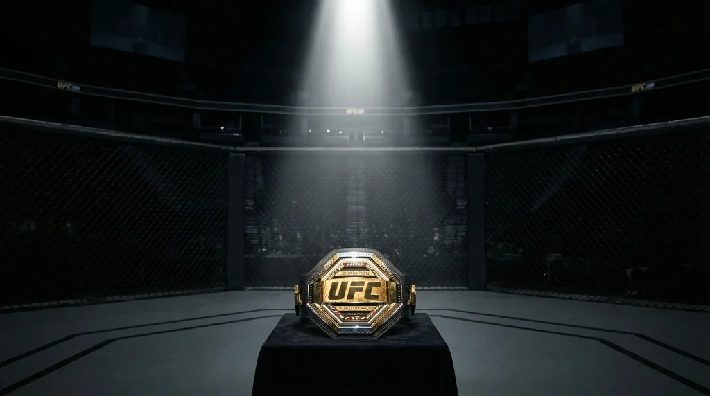 Cinturón de campeón de UFC bajo un foco de luz en el octágono vacío