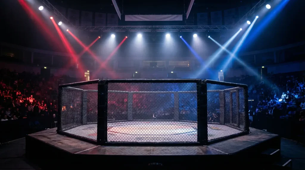 Ring de MMA iluminado con reflectores durante un evento de artes marciales mixtas