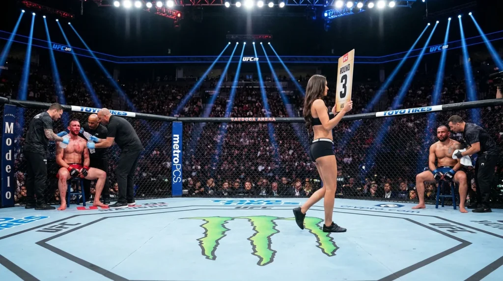 Esquina del octágono de UFC con indicador de asalto y peleadores al fondo