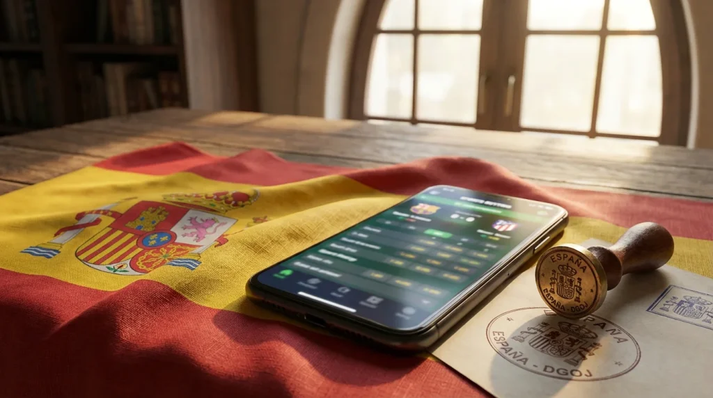Bandera de España junto a un dispositivo móvil con app de apuestas deportivas