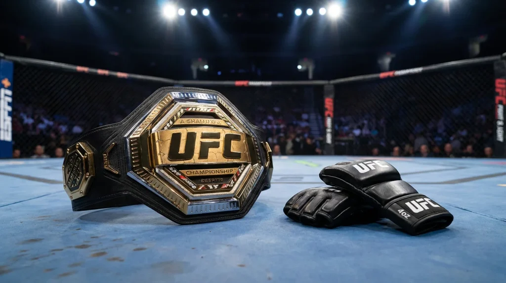 Cinturón de campeón de UFC junto a guantes de MMA sobre el octágono