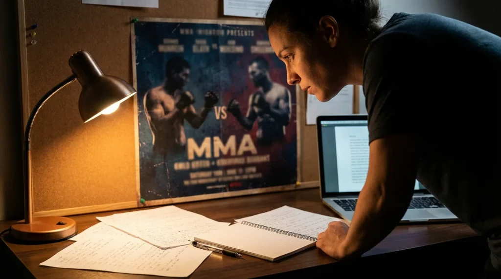 Persona estudiando el cartel de un evento UFC con notas y análisis