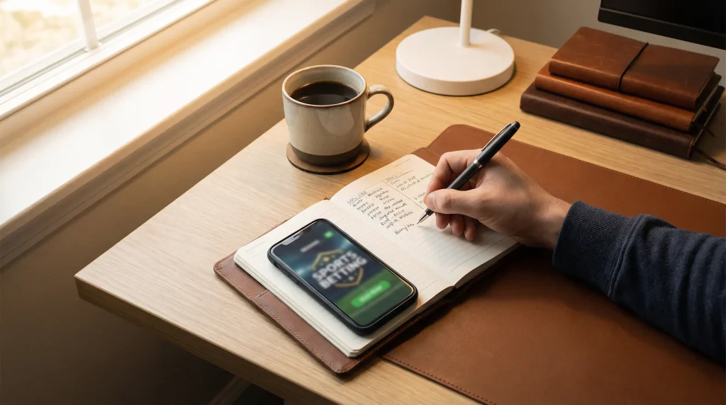 Persona analizando cuotas de MMA con bloc de notas y bolígrafo