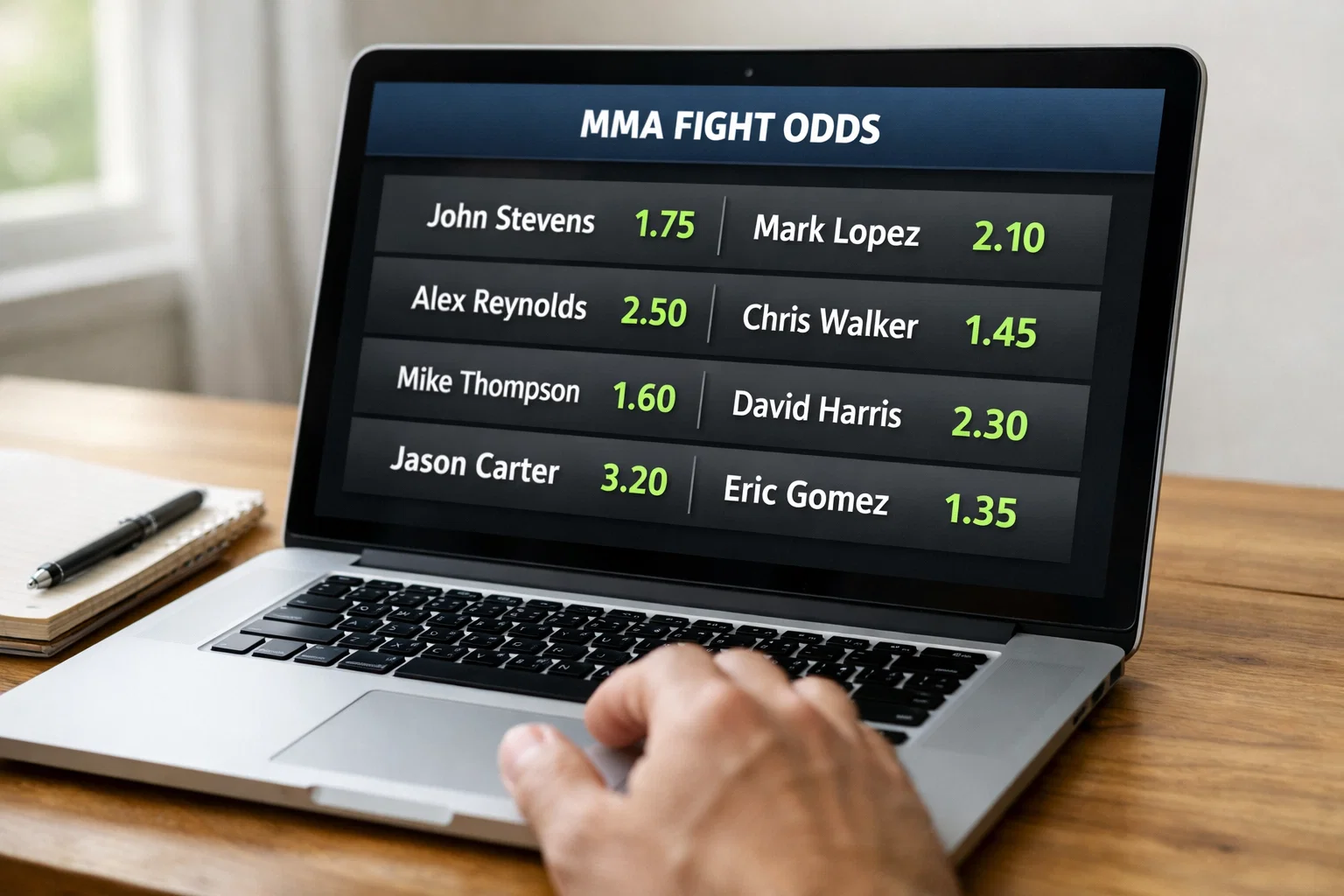 Pantalla de operador de apuestas mostrando cuotas moneyline de un combate de MMA