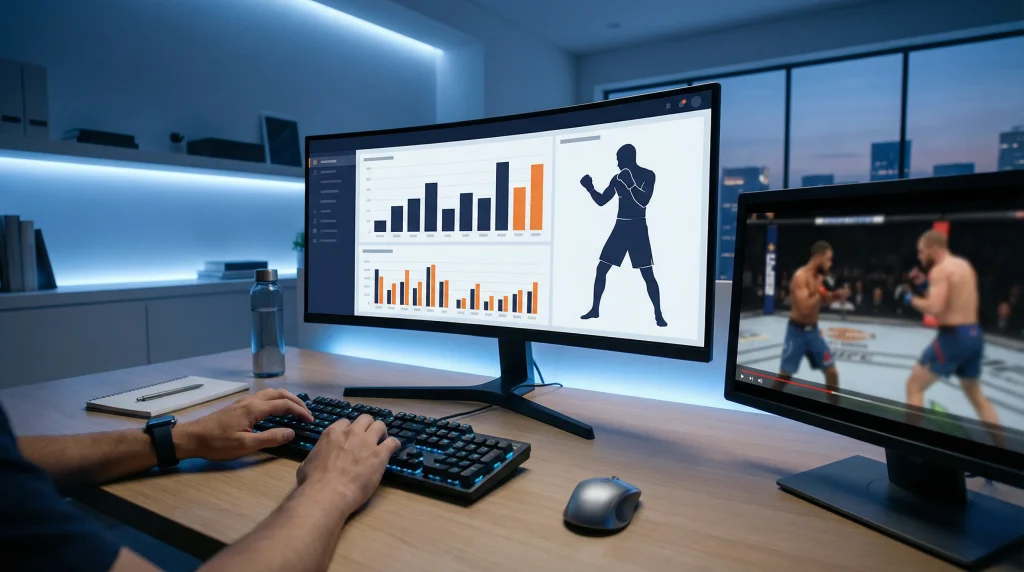 Pantalla de ordenador mostrando análisis estadístico de un combate de UFC