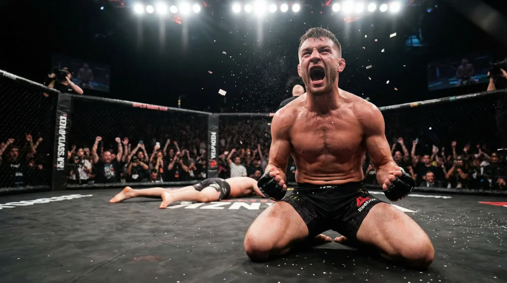 Peleador de MMA no favorito celebrando una victoria inesperada en el octágono