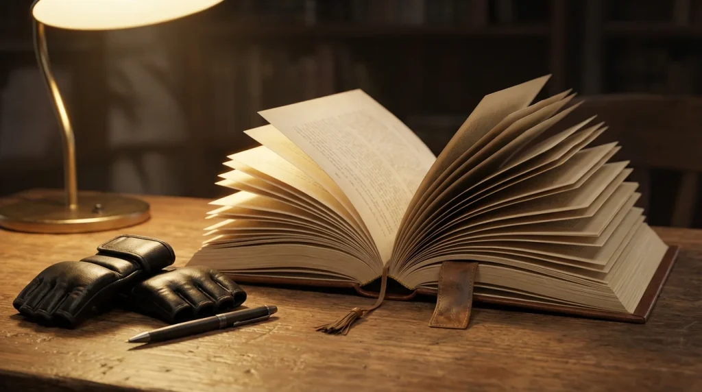 Libro abierto con guantes de MMA al lado sobre un escritorio