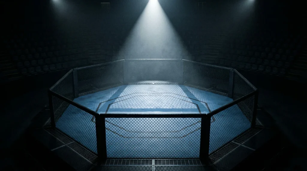 Octágono de UFC vacío iluminado evocando la historia de las artes marciales mixtas