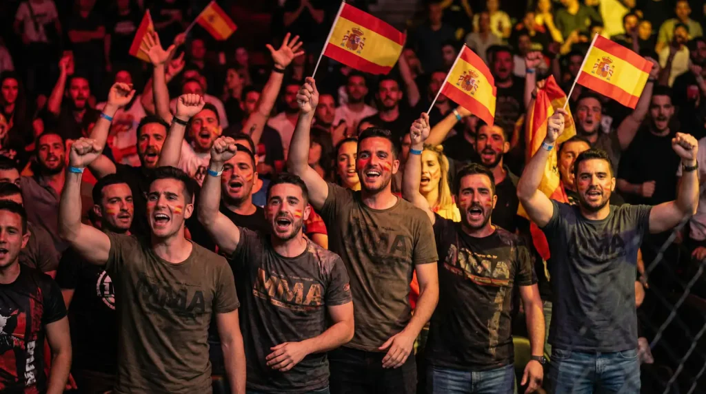 Aficionados españoles de MMA celebrando con banderas durante un evento de UFC