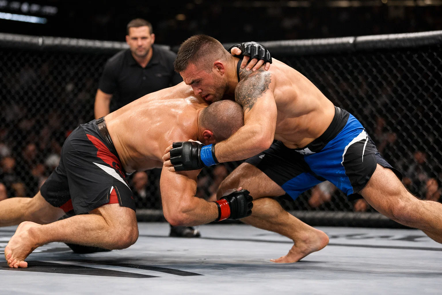 Dos peleadores de MMA en un intercambio de golpes dentro del octágono durante un combate profesional