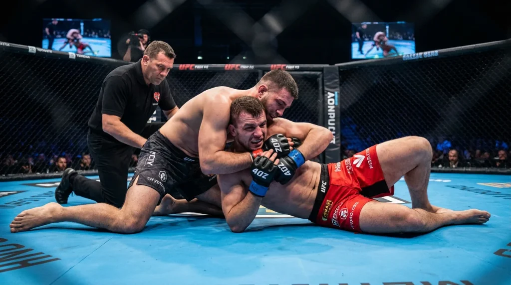 Peleador de MMA aplicando una sumisión en el octágono de UFC
