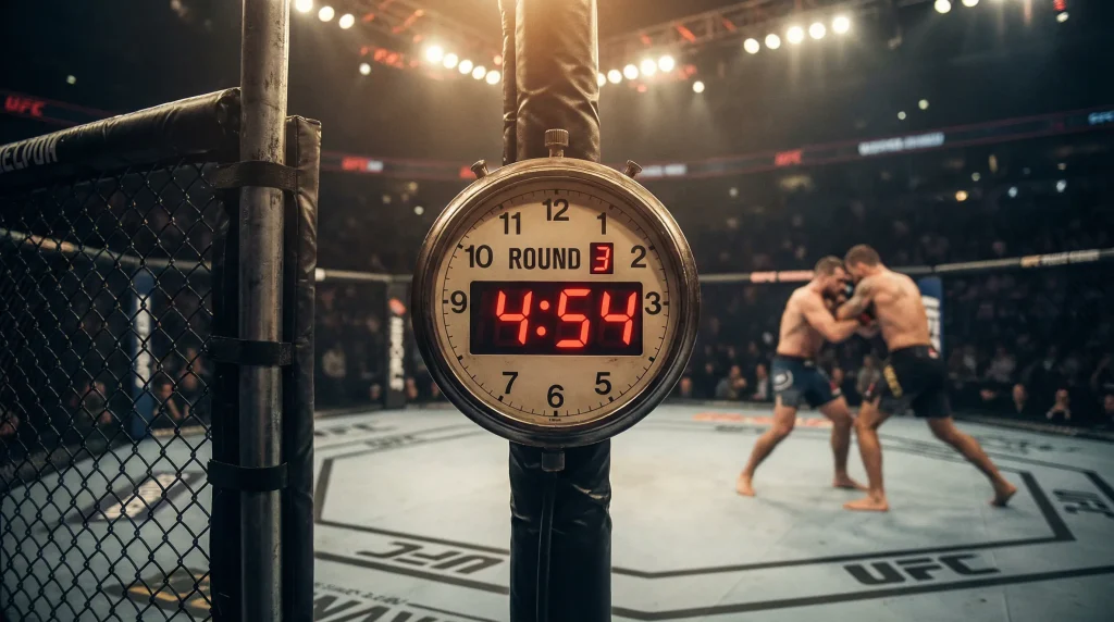 Reloj de arena junto al octágono de MMA simbolizando duración de asaltos