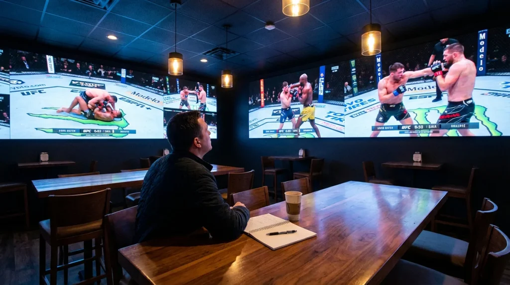 Múltiples pantallas mostrando combates de MMA en una casa de apuestas