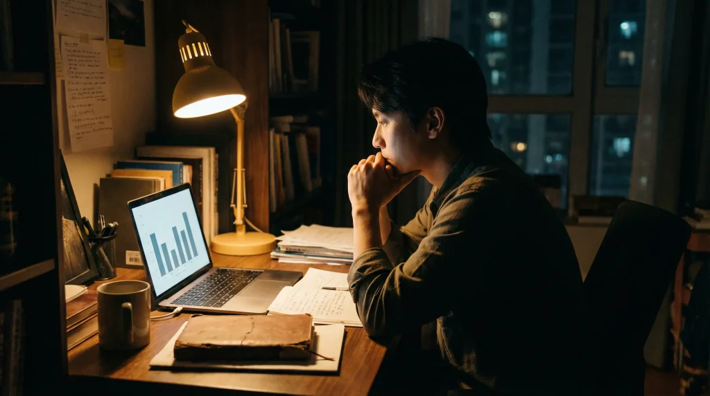 Analista deportivo estudiando datos de combates de MMA en su escritorio