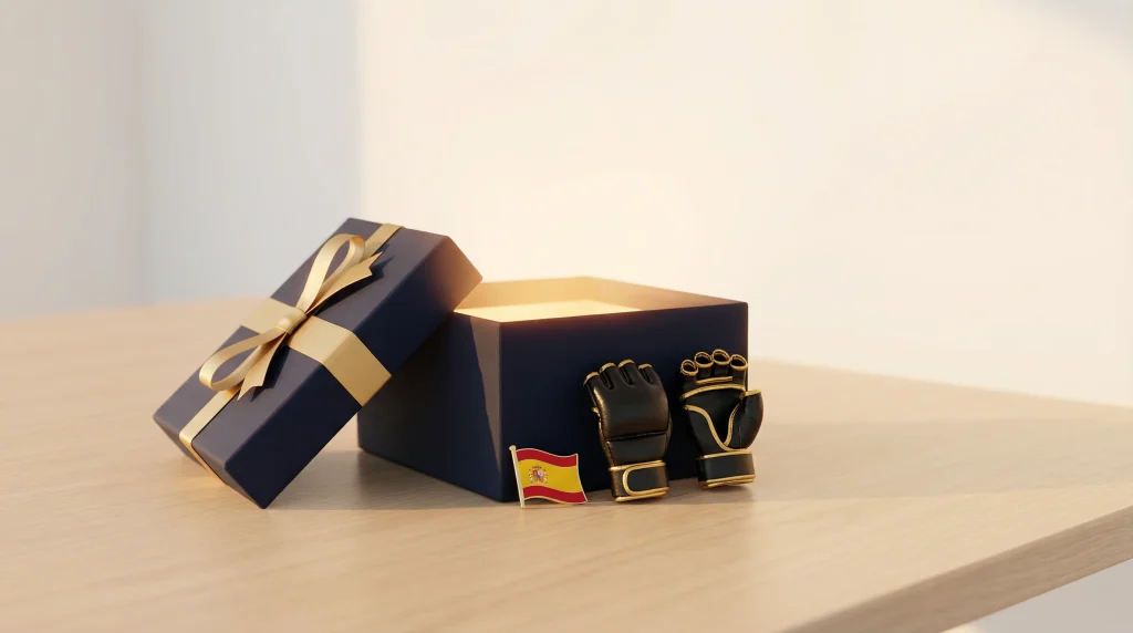 Regalo de bienvenida con temática deportiva de MMA sobre una mesa