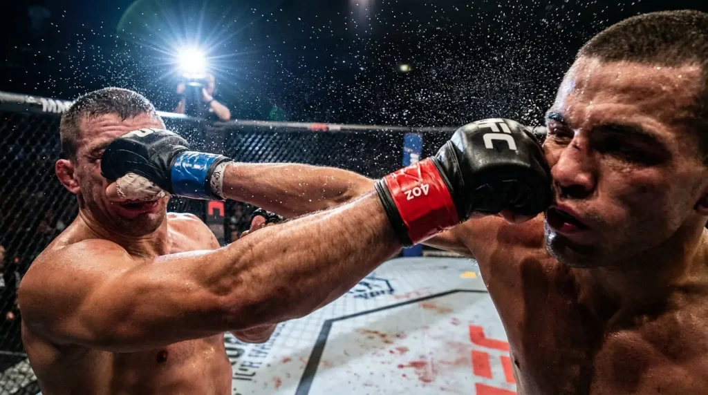 Detalle de guantes de MMA impactando durante un combate en el octágono