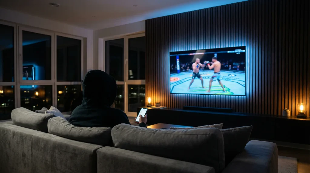 Smart TV mostrando un combate de UFC en directo en un salón moderno