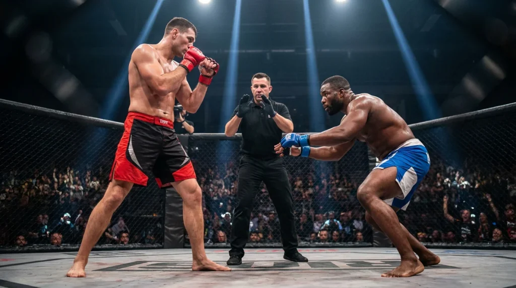 Dos peleadores de MMA en posiciones contrastantes: uno de pie y otro en guardia baja