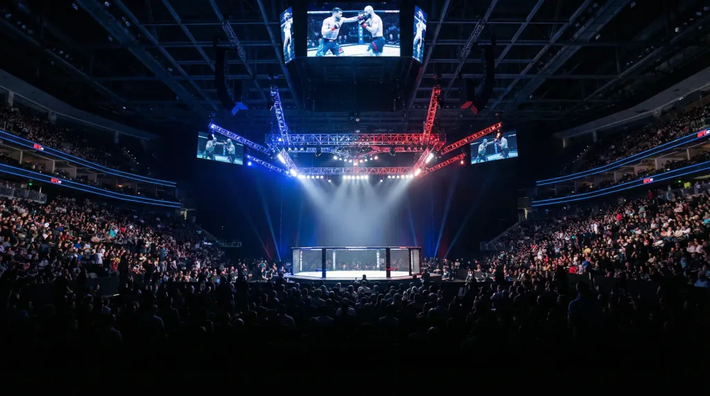 Arena de UFC iluminada antes de un evento con el octágono vacío preparado